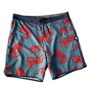 Hurley Phantom Men's Sz 34 Blue W/ Orange Tiger Print Boardshorts Board Shorts